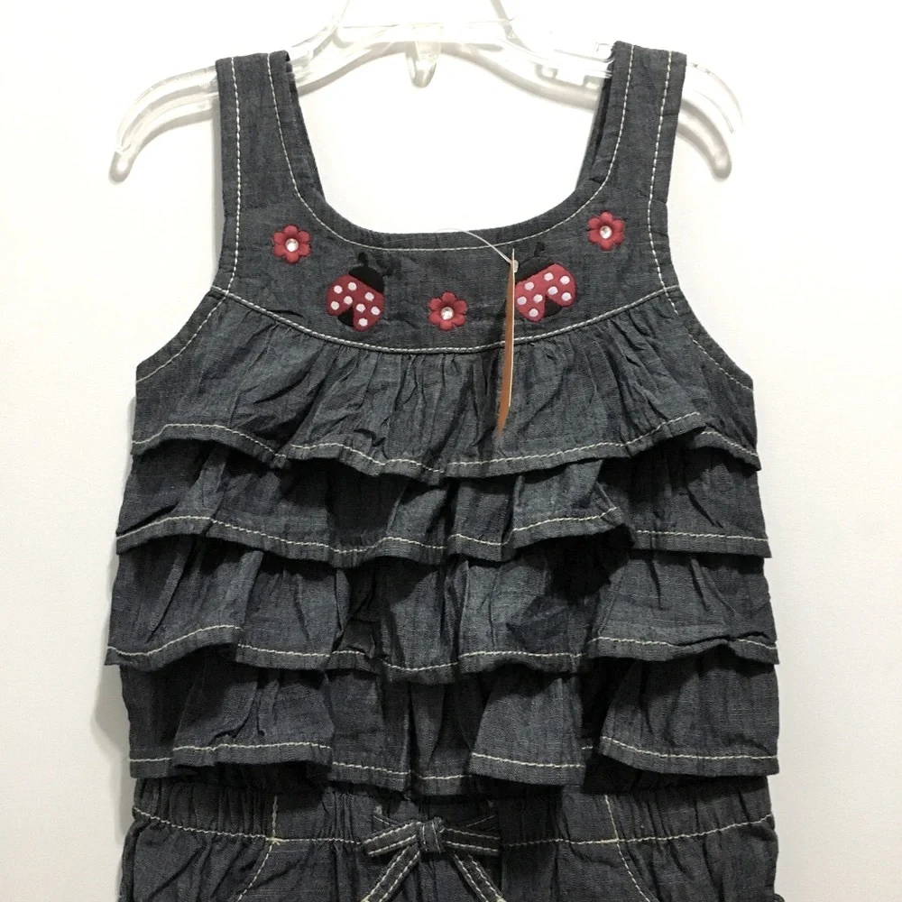 🆕 Gymboree Denim Sleeveless Romper Floral Ladybug Embroidery